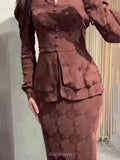 Long Sleeve Fitted Dress Set — Peplum Top & Slim Maxi Skirt