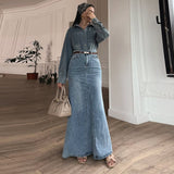 Polo Collar Slim-Fit Denim Skirt Set — Patchwork Two-Piece Maxi Skirt & Shirt