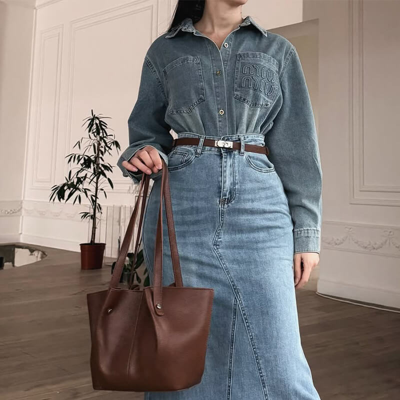 Polo Collar Slim-Fit Denim Skirt Set — Patchwork Two-Piece Maxi Skirt & Shirt