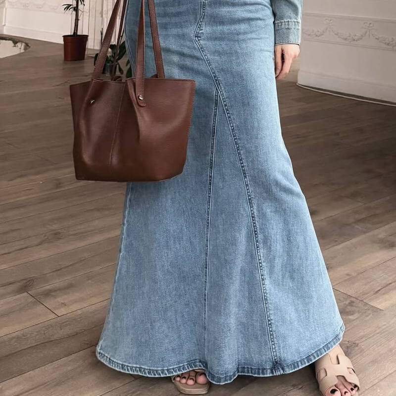 Polo Collar Slim-Fit Denim Skirt Set — Patchwork Two-Piece Maxi Skirt & Shirt