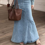 Polo Collar Slim-Fit Denim Skirt Set — Patchwork Two-Piece Maxi Skirt & Shirt