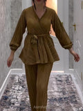 Casual Pleat Waist Top and Pants Set, SET008