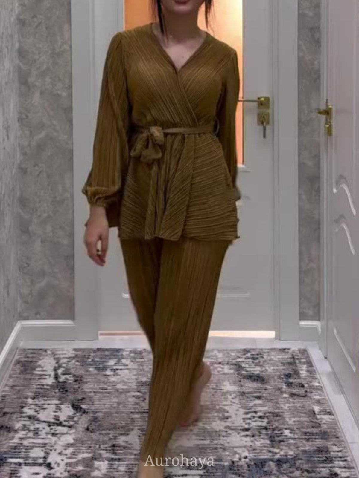 Casual Pleat Waist Top and Pants Set, SET008
