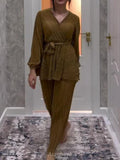 Casual Pleat Waist Top and Pants Set, SET008