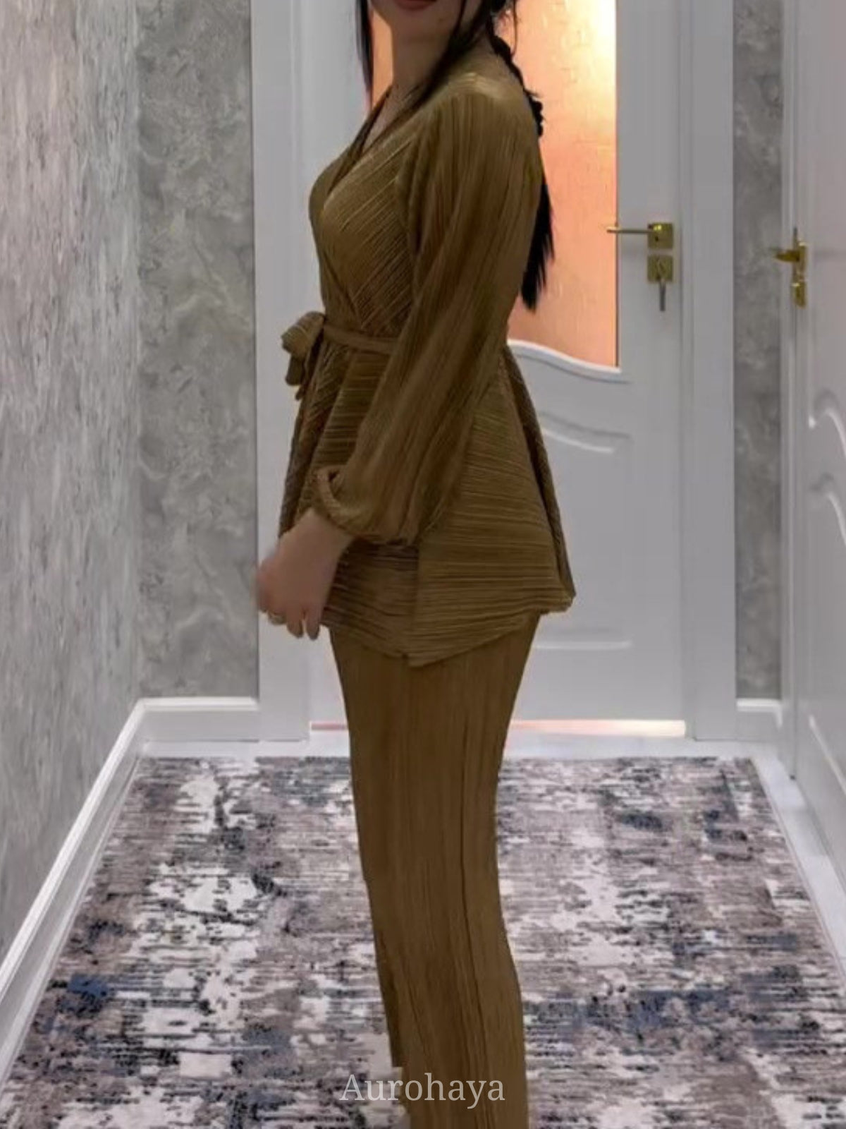 Casual Pleat Waist Top and Pants Set, SET008