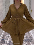 Casual Pleat Waist Top and Pants Set, SET008