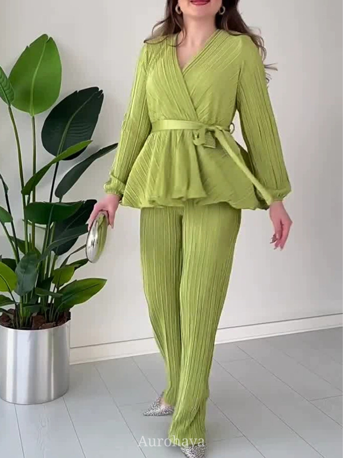 Casual Pleat Waist Top and Pants Set, SET008