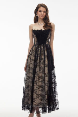 Aurohaya Severine Black Floral Lace Tulle Maxi Dress