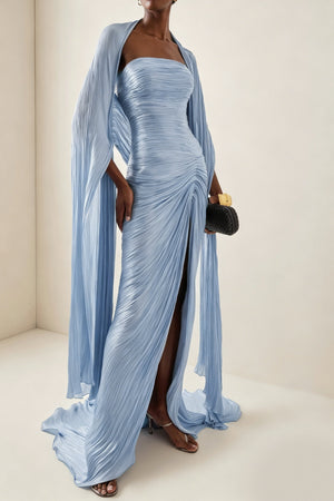 Aurohaya Shifra Blue Asymmetrical Cape Maxi Dress