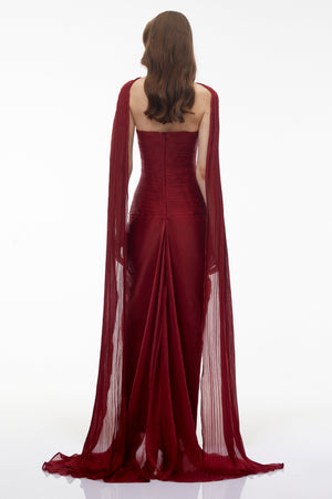 Aurohaya Shifra Burgundy Asymmetrical Cape Maxi Dress