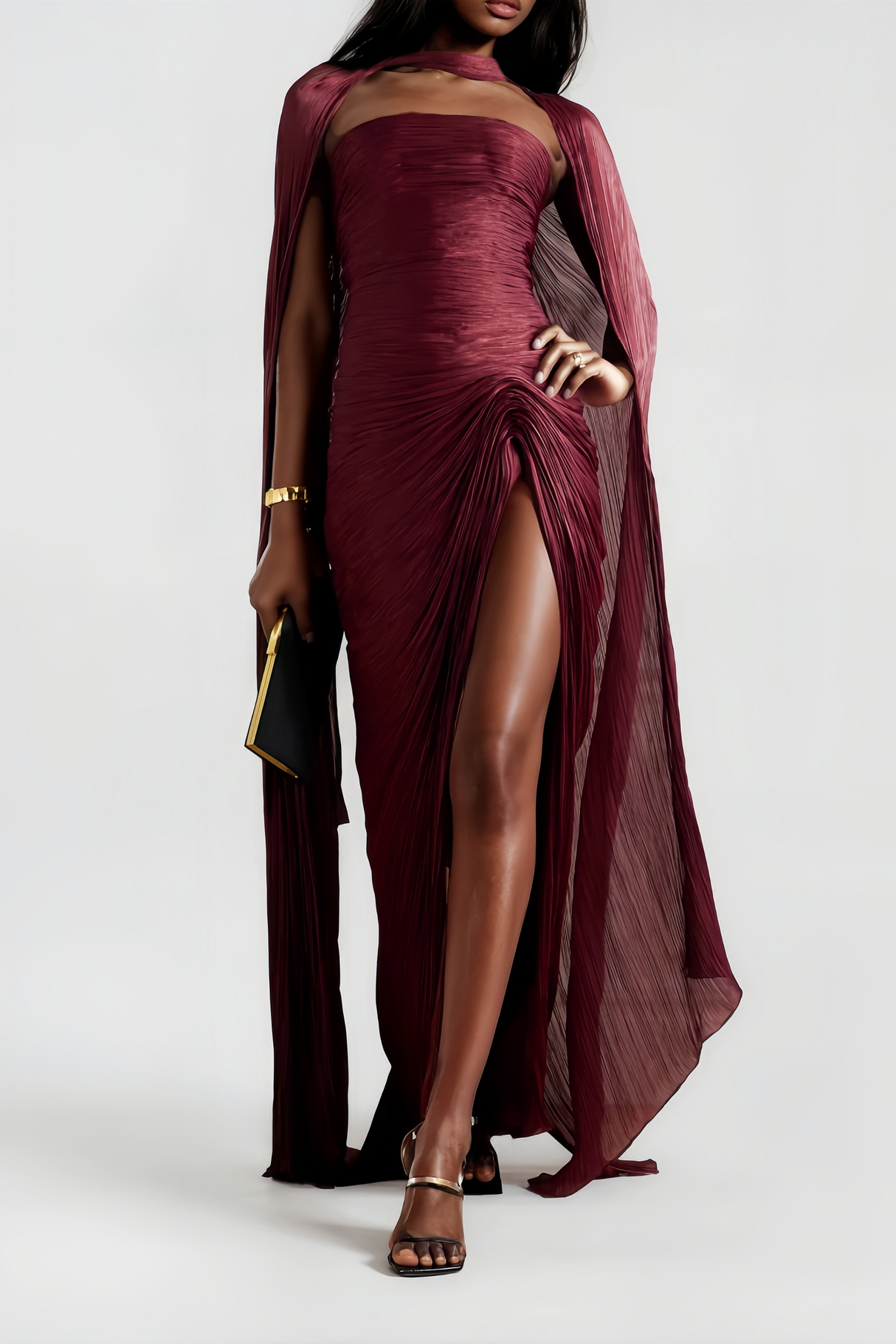 Aurohaya Shifra Burgundy Asymmetrical Cape Maxi Dress