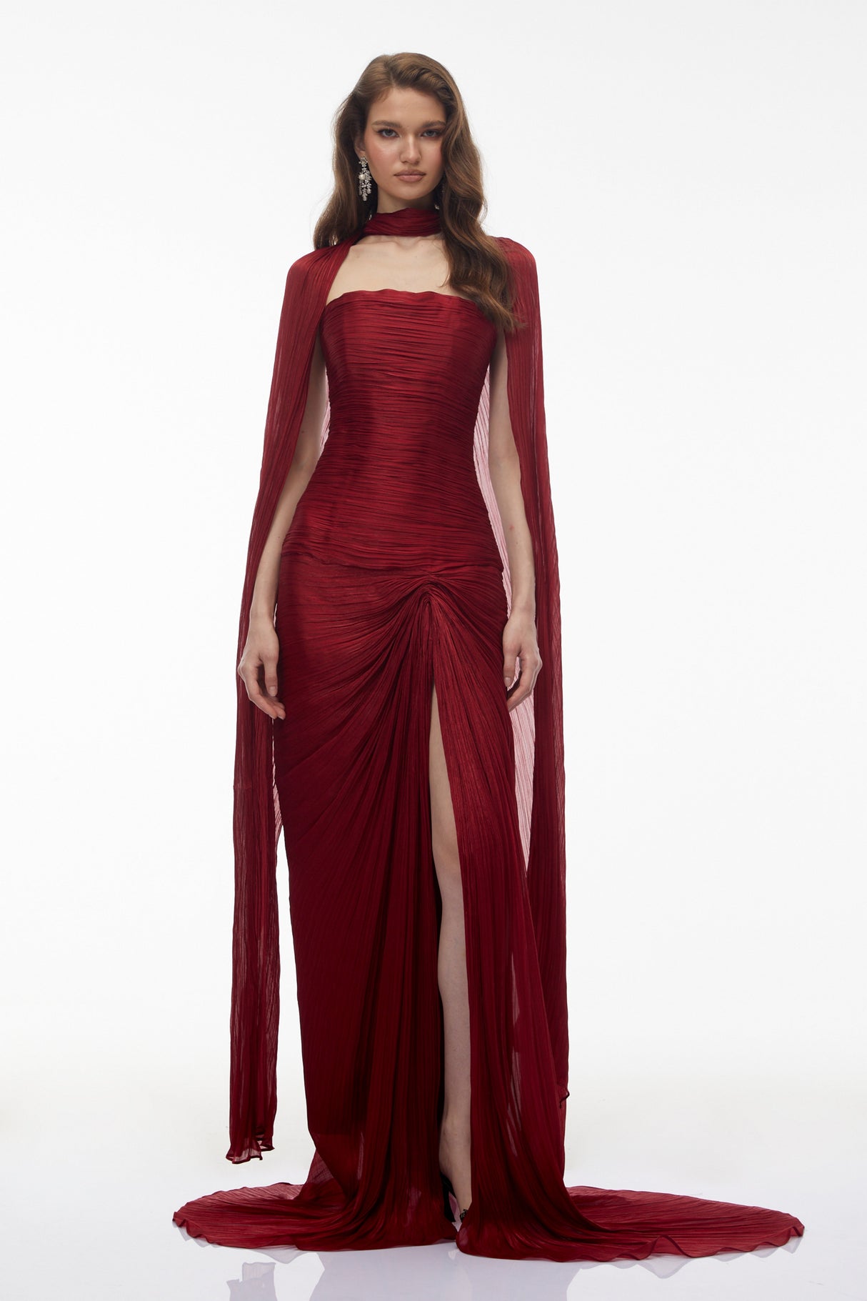 Aurohaya Shifra Burgundy Asymmetrical Cape Maxi Dress