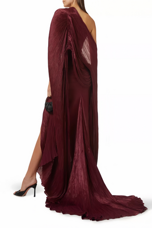 Aurohaya Shifra Burgundy Asymmetrical Cape Maxi Dress
