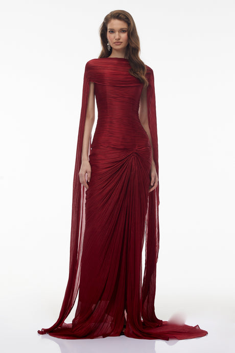 Aurohaya Shifra Burgundy Asymmetrical Cape Maxi Dress