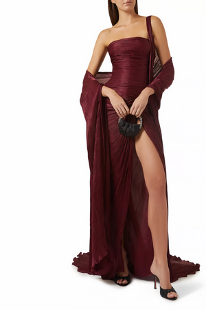 Aurohaya Shifra Burgundy Asymmetrical Cape Maxi Dress