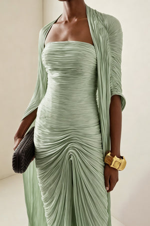 Aurohaya Shifra Green Asymmetrical Cape Maxi Dress