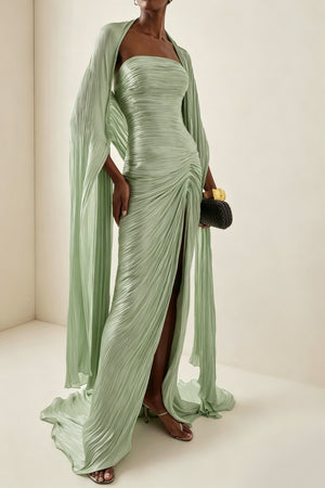 Aurohaya Shifra Green Asymmetrical Cape Maxi Dress