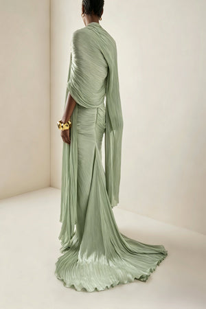 Aurohaya Shifra Green Asymmetrical Cape Maxi Dress