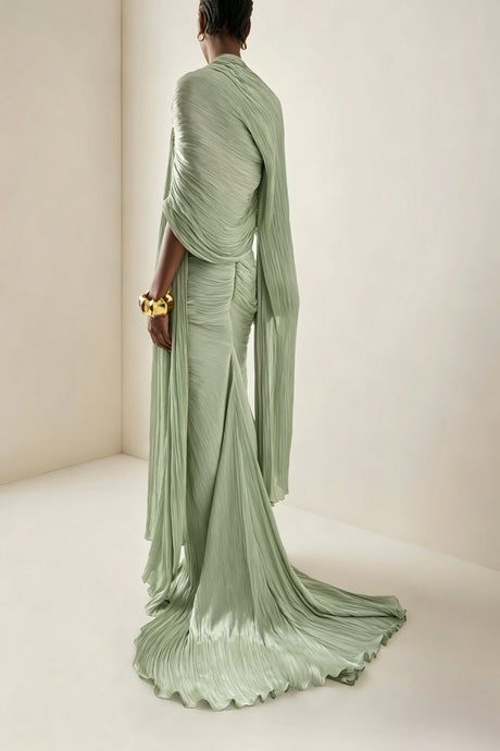 Aurohaya Shifra Green Asymmetrical Cape Maxi Dress
