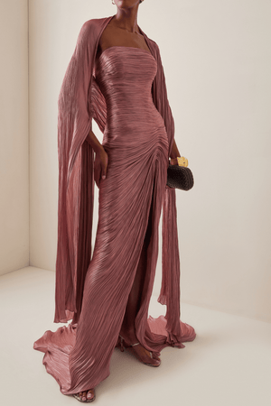 Aurohaya Shifra Pink Asymmetrical Cape Maxi Dress