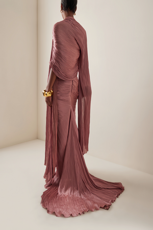 Aurohaya Shifra Pink Asymmetrical Cape Maxi Dress