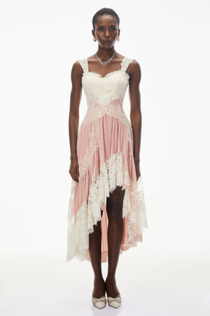 Aurohaya Shira Pink Color Block Maxi Dress with Lace Panels