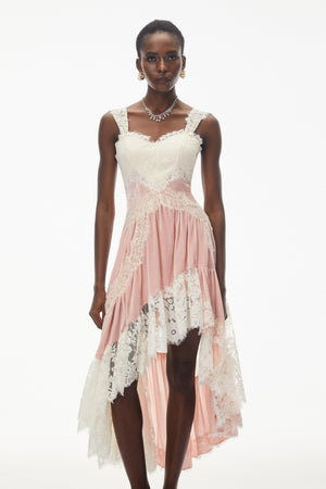 Aurohaya Shira Pink Color Block Maxi Dress with Lace Panels