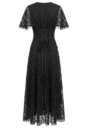 Short Sleeve Corset A Line Crochet Maxi Dress Black