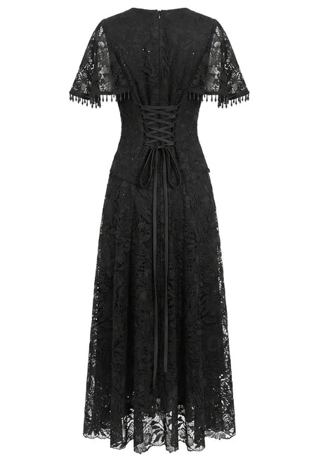 Short Sleeve Corset A Line Crochet Maxi Dress Black