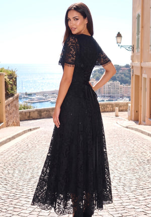Short Sleeve Corset A Line Crochet Maxi Dress Black
