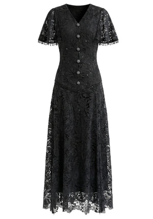 Short Sleeve Corset A Line Crochet Maxi Dress Black