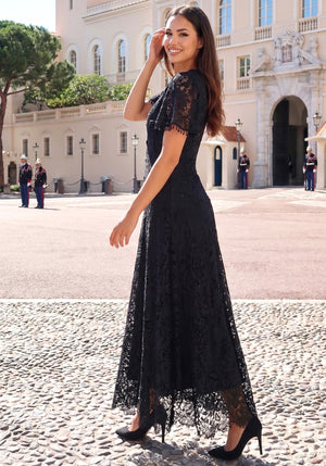 Short Sleeve Corset A Line Crochet Maxi Dress Black