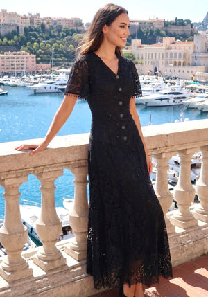 Short Sleeve Corset A Line Crochet Maxi Dress Black