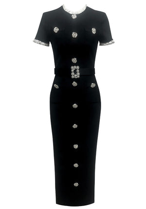 Short Sleeve Belt Detail Midi Dress Black