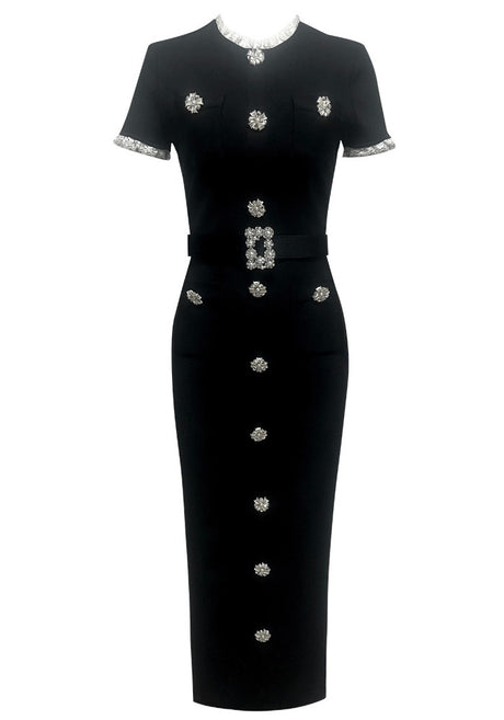 Short Sleeve Belt Detail Midi Dress Black
