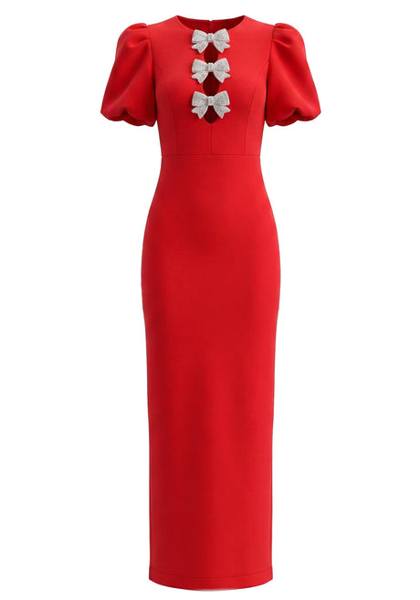 Short Sleeve Crystal Bow Maxi Dress Red