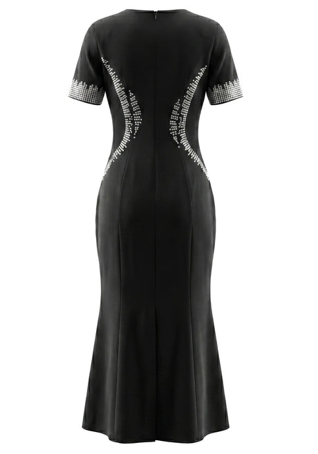 Short Sleeve Crystal Fluted Midi Dress Black