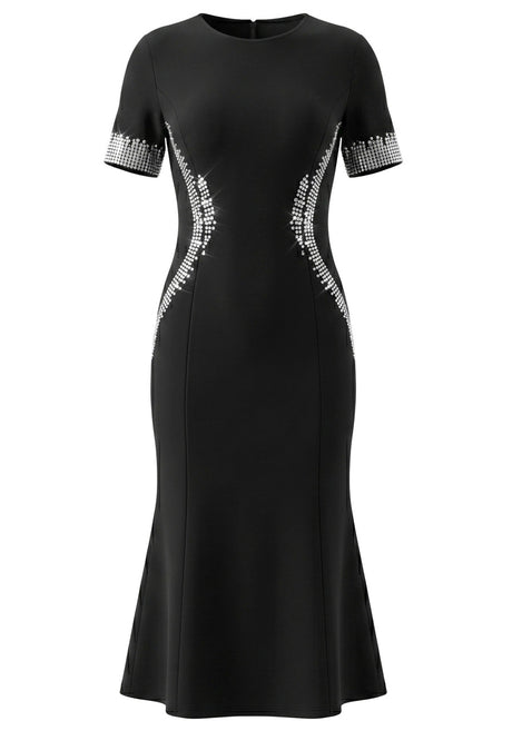 Short Sleeve Crystal Fluted Midi Dress Black