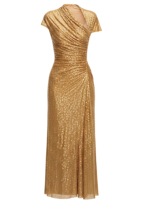 Short Sleeve Draped Sparkly Midi Dress Gold