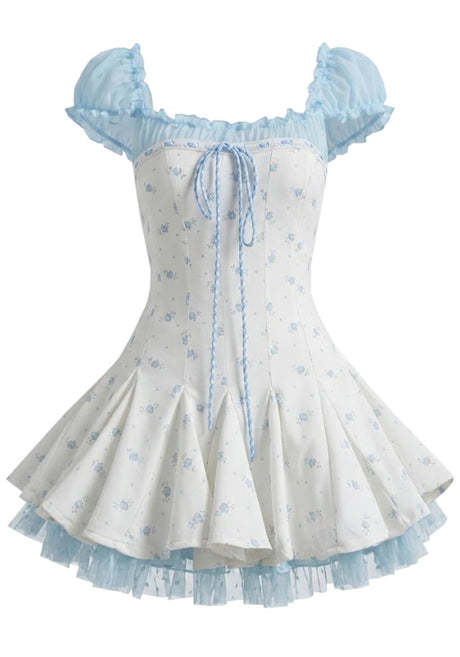 Short Sleeve Floral A Line Corset Dress Blue