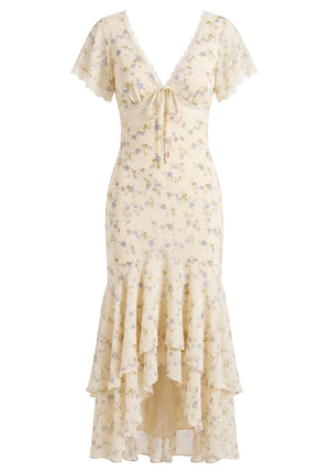 Short Sleeve Floral Lace Detail Ruffle Maxi Dress Yellow