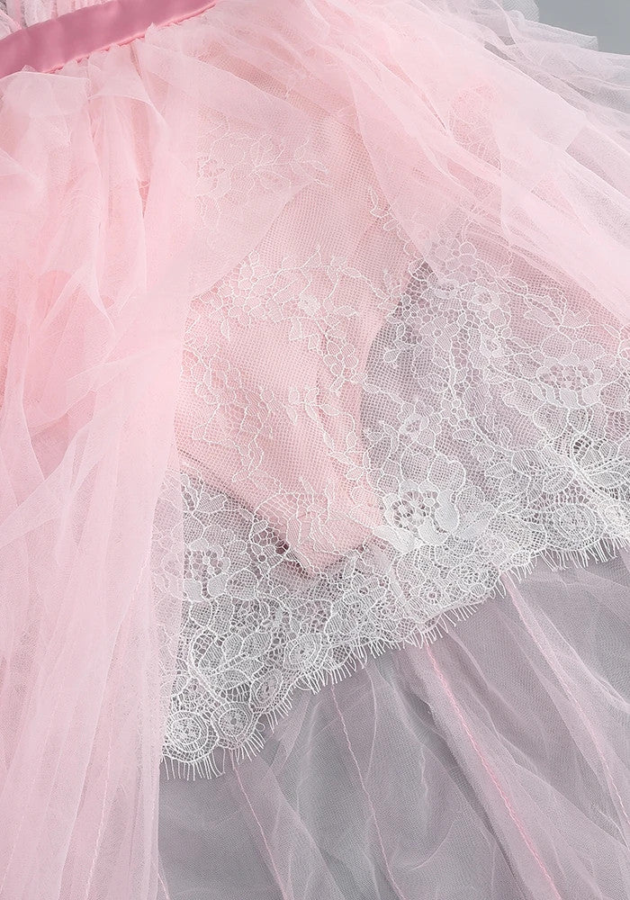 Short Sleeve Lace Mesh Ruffle Maxi Dress Pink