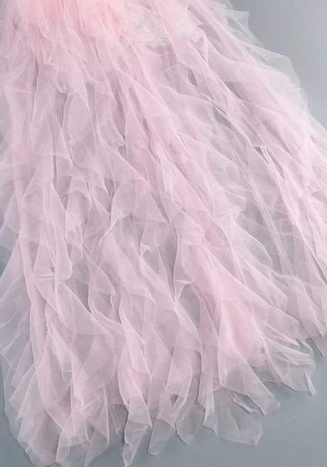 Short Sleeve Lace Mesh Ruffle Maxi Dress Pink