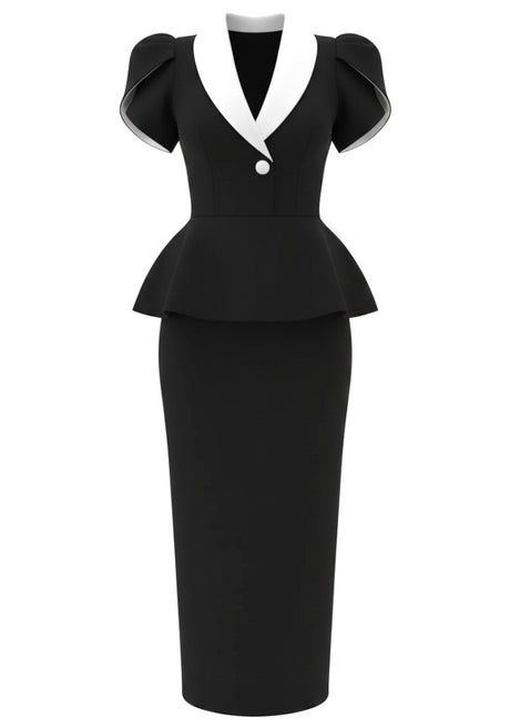 Short Sleeve Peplum Midi Dress Black White