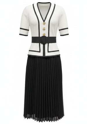 Short Sleeve Pleated Midi Dress Black White