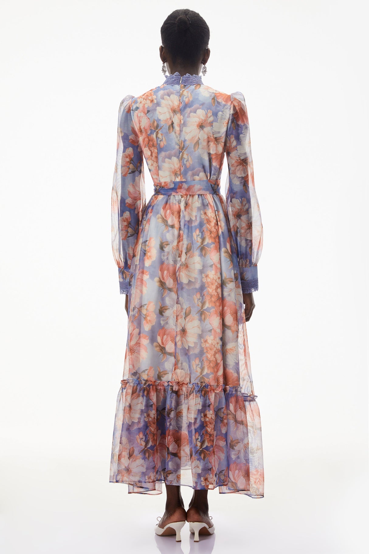 Aurohaya Sibyl Blue Floral Print Lace Trim Maxi Dress
