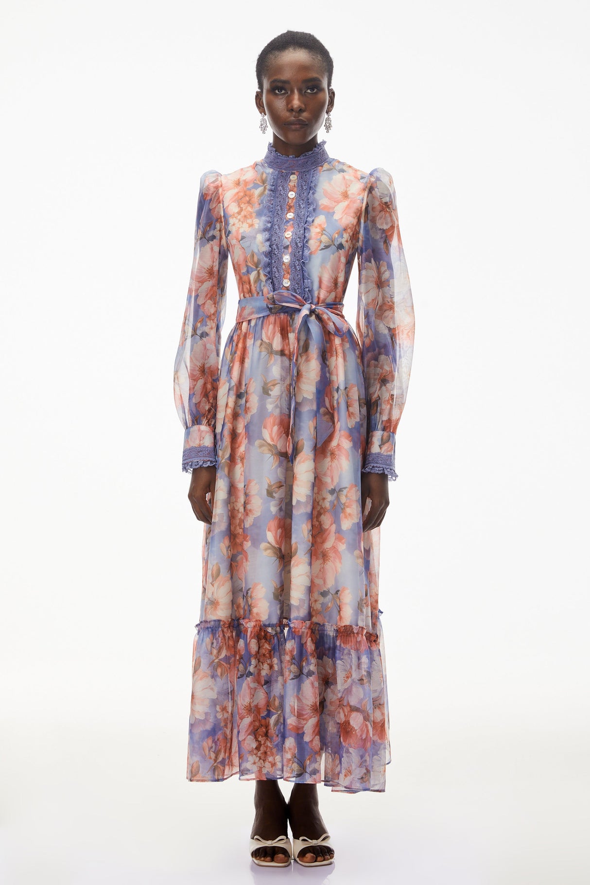 Aurohaya Sibyl Blue Floral Print Lace Trim Maxi Dress