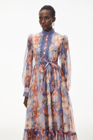 Aurohaya Sibyl Blue Floral Print Lace Trim Maxi Dress