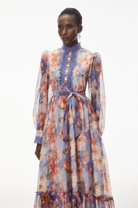 Aurohaya Sibyl Blue Floral Print Lace Trim Maxi Dress