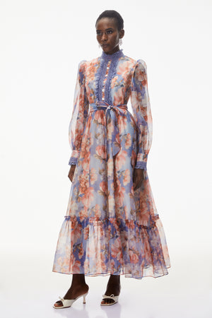Aurohaya Sibyl Blue Floral Print Lace Trim Maxi Dress